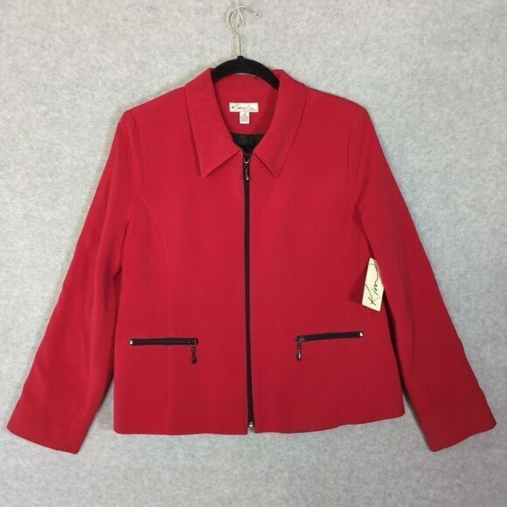 Kim Roger Red Full Zip Blazer Jacket Stretch Jersey Womens ‎ Petite 12 Holidays